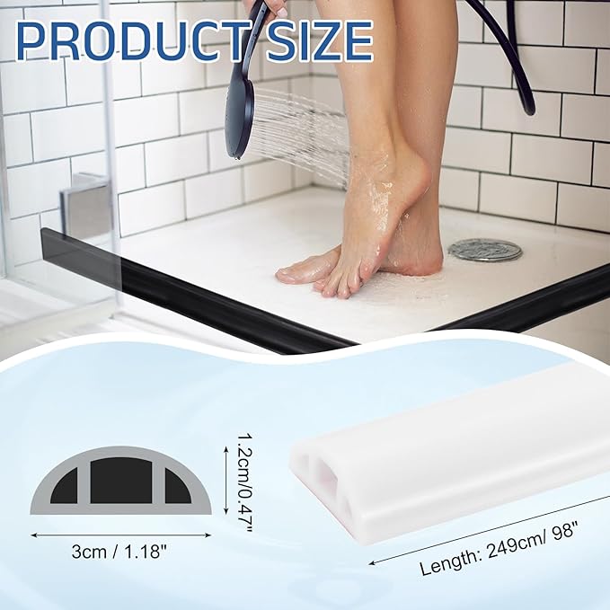 uxcell Shower Water Barrier, 98" Silicone Splash Guard Shower Water Stopper Retention System for Bathtub Sink Washing Machine Dry and Wet Separation, 1.18"W x 0.47"H, White