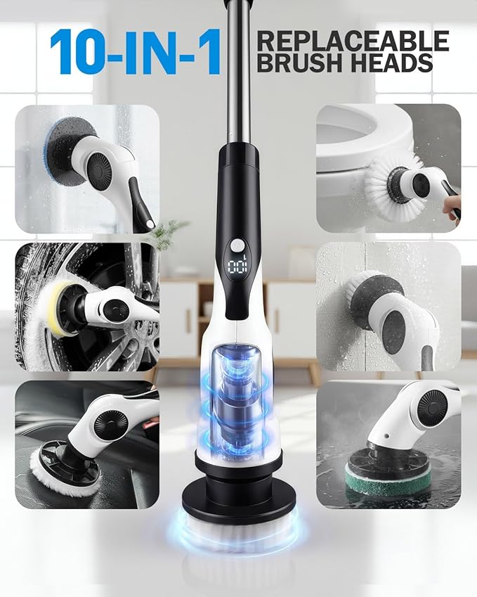 Electric Spin Scrubber, 3-Speed Cordless Shower Scrubber with 90° Adjustable & 10 Replaceable Brush Heads, 90 Mins Runtime & Full-Body IPX7 Waterproof Shower Cleaner Brush with Long Handle