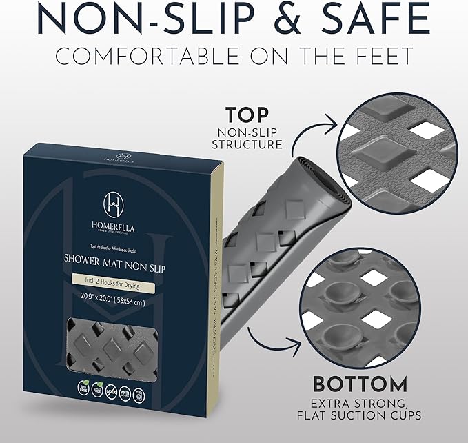homerella® Shower Mat Non Slip Anti Mold, Non Slip Shower Mats for Inside Shower Stall Anti Slip Mat, Square Shower Floor Mat 21 x 21 in with Suction Cups & Hooks for Quick Drying, Machine Washable