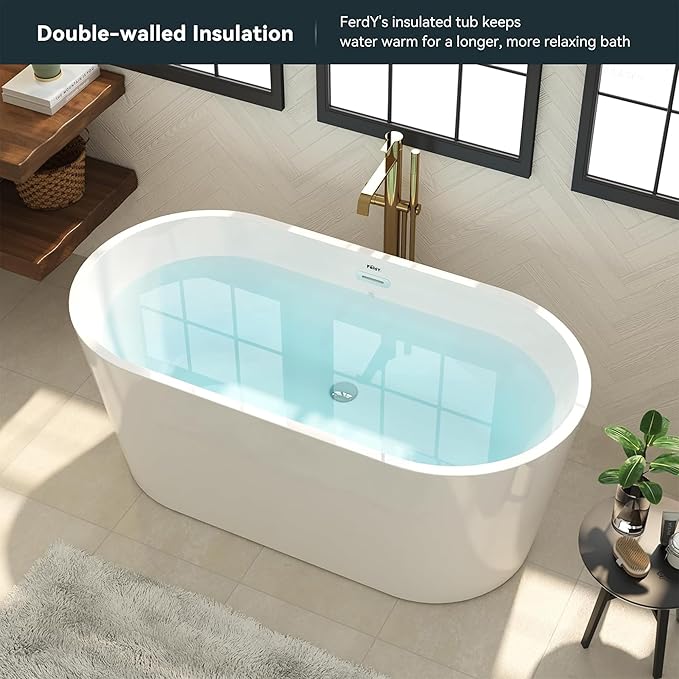 FerdY Shangri-La 55" Acrylic Freestanding Bathtub, Small Classic Oval Shape Acrylic Soaking Bathtub with Brushed Nickel Drain & Minimalist Linear Design Overflow, Modern White, cUPC Certified