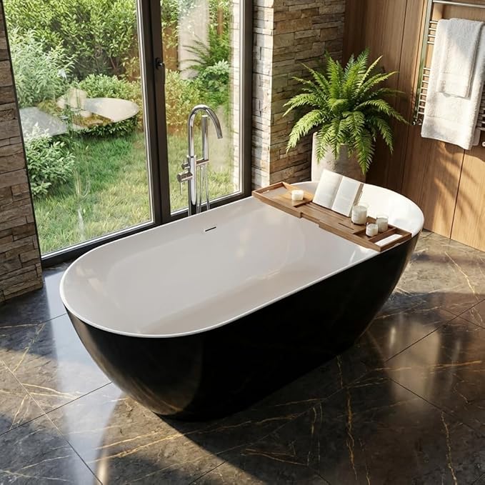 Bathtub with Upturned Ends, CUPC Chrome Drain and Overflow, White Interior and Black Exterior, Built-in Overflow, Fiber-Coated Fixing Bracket