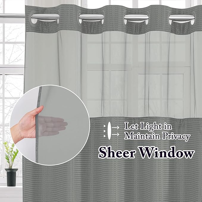 Gibelle No Hook Waffle Weave Shower Curtain with Snap-in Fabric Liner Set for Bathroom, Hotel Style with Mesh Top Window, Waterproof & Washable, Grey, 72x74