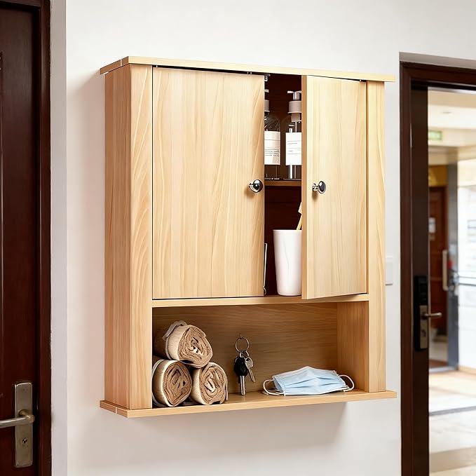 Bathroom Cabinet Wall Mount, Over The Toilet Storage Cabinet, Medicine Cabinet with 2 Doors, Bathroom Storage Cabinet, Upper Storage Cabinets for Kitchen Laundry Room (Nature)