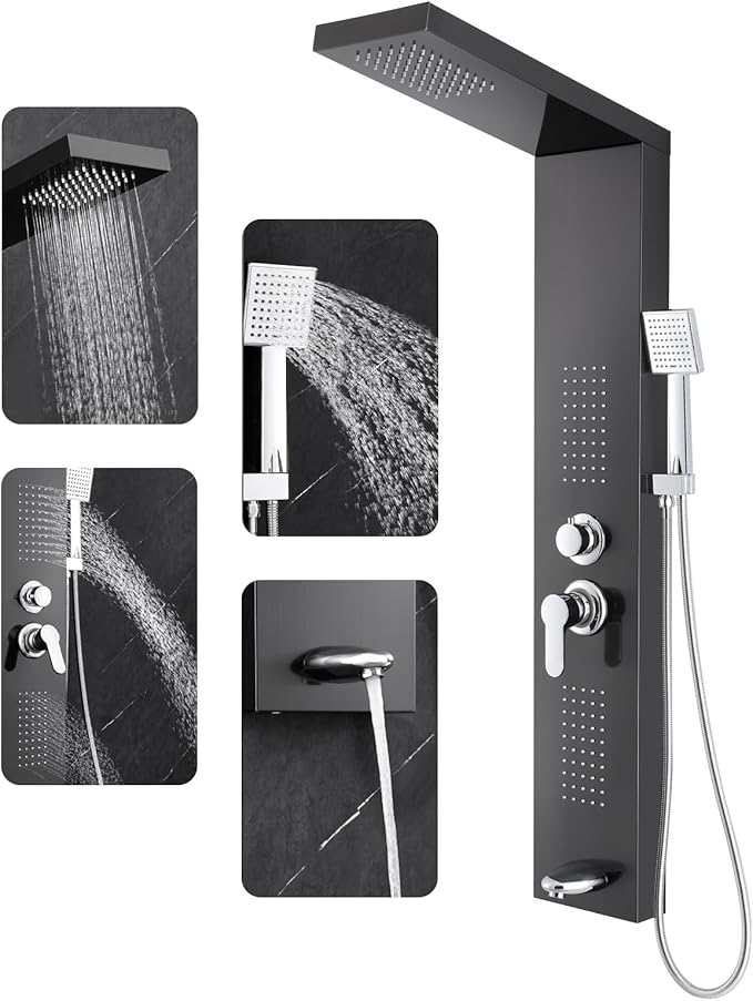 ROVOGO Shower Panel Tower System with Rainfall Shower, Body Jets, Handheld and Tub Spout, High Pressure Shower Column Stainless Steel, 46.5 in. Black