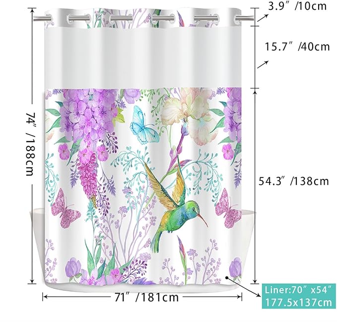 No Hook Shower Curtain with Snap in Liner for Bathroom,with See Through Top Window, Double Shower Curtain with Detachable Fabric Liner Replacement, Machine Washable, Purple Floral, 71"x 74"
