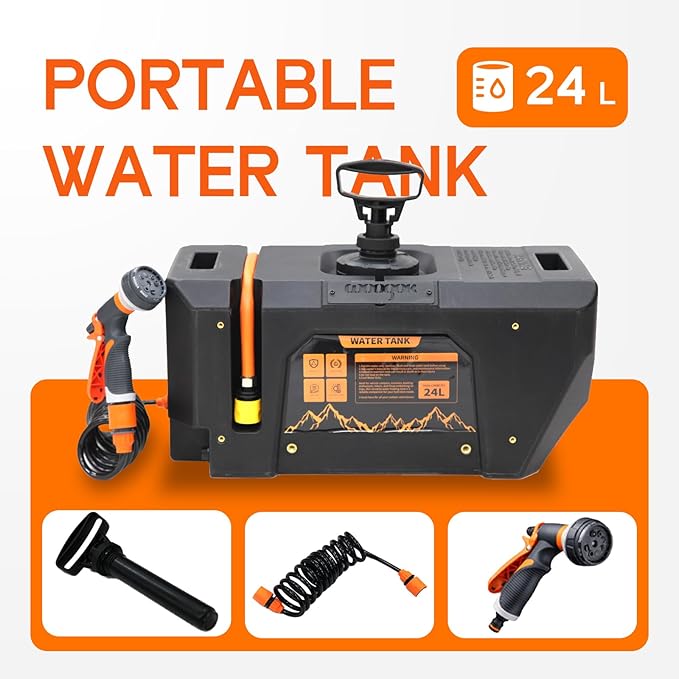 6.34Gallon/ 24L Self-Pressurized Water Tank with Hose and Sprayer, Water Storage Container Camping Shower for Overland Off-Road Vehicles, Pick-up Trucks,Outdoor Activities Water Supply