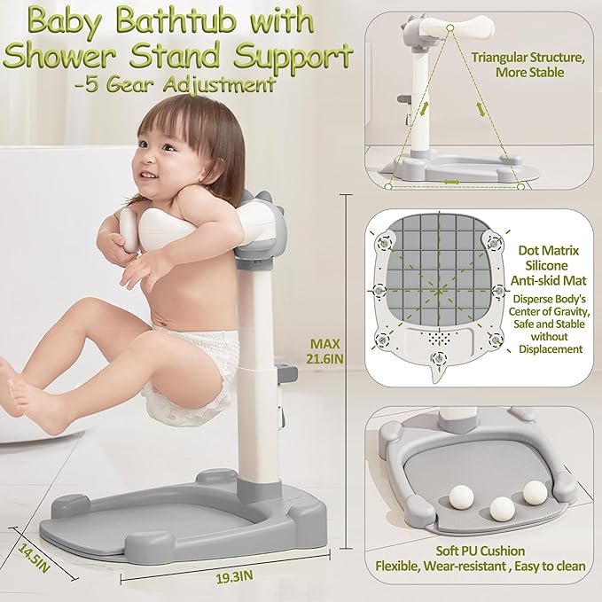 Baby Shower Stand, Baby Standing Bath with Anti-Pinch Adjustable Height and Armrest, Shower Standing Support with Anti-Slip Base and Mat for Infants 6-36 Months -Grey