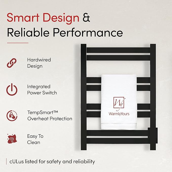 WarmlyYours Heated Towel Warmer Rack, 8-Bar, Hardwired, Integrated On/Off Switch with Light, 304-Stainless Steel (Maple)