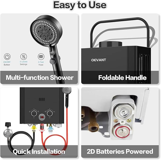Propane Water Heater, 1.58GPM 6L Portable Tankless Water Heater with Handle & Overheating Protection, Propane Gas, Instant Hot Water for RV Camping, Outdoor Shower (BLACK)