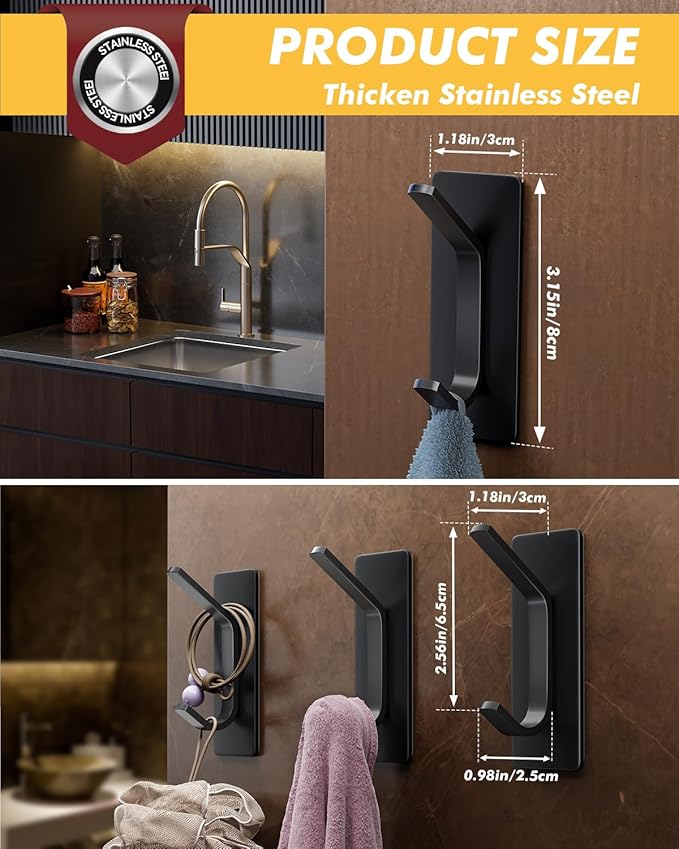 Auxmir Self Adhesive Hooks for Hanging 15lb, Stainless Steel Wall Hooks for Coat and Towel, Waterproof Oilproof Rustproof Adehesive Door Hanger for Bathroom Shower Kitchen Office RV, Black, 5 Pack