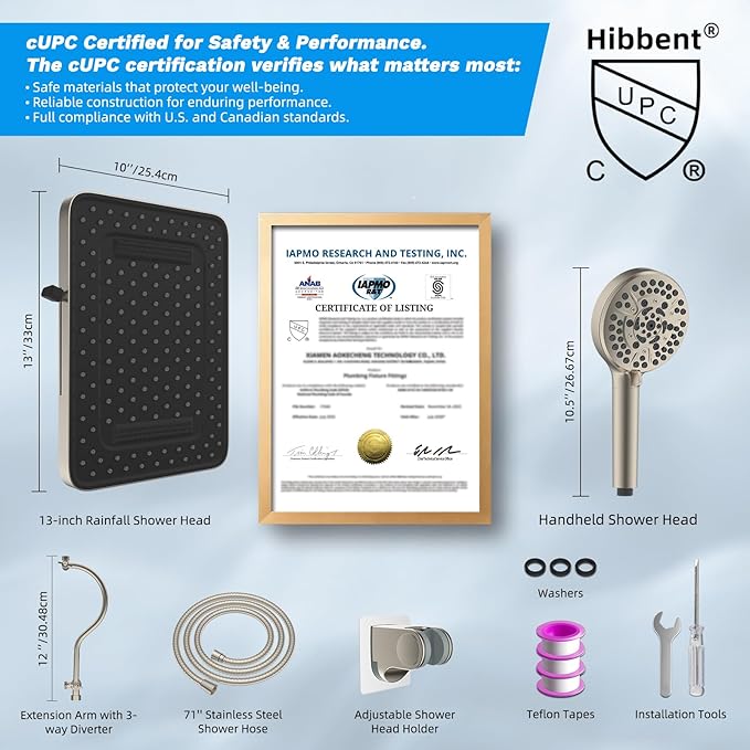 Hibbent cUPC Certified High Pressure 13'' Dual Shower Head Combo with 10-mode Handheld Spray, Rainfall 5-spray Shower Head, 12'' Adjustable Extension Arm, 71'' Hose, Showerhead Holder, Brushed Nickel