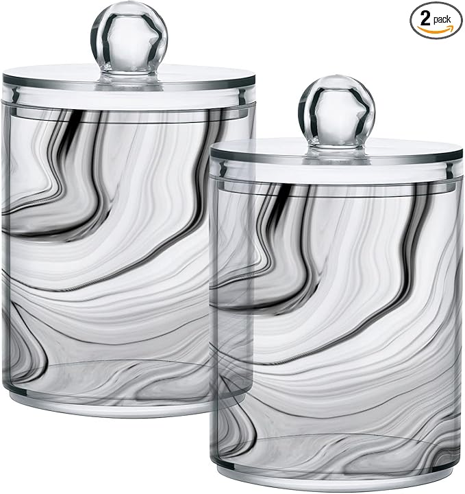 MNSRUU 2 Pack Qtip Holder Organizer Dispenser Fashion Grey Marble Bathroom Storage Canister Cotton Ball Holder Bathroom Containers for Cotton Swabs/Pads/Floss