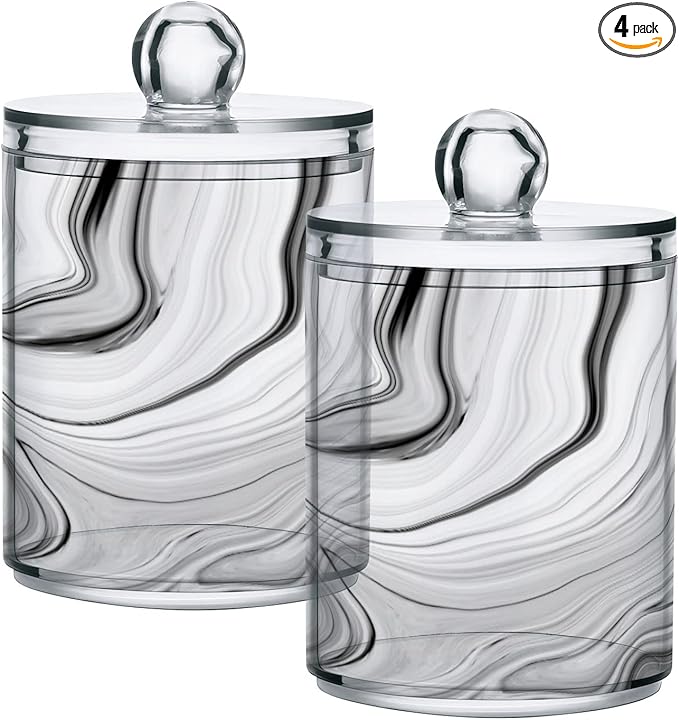 MNSRUU 4 Pack Qtip Holder Organizer Dispenser Fashion Grey Marble Bathroom Containers Bathroom Vanity Storage Canister Apothecary Jars for Cotton Swabs/Pads/Floss