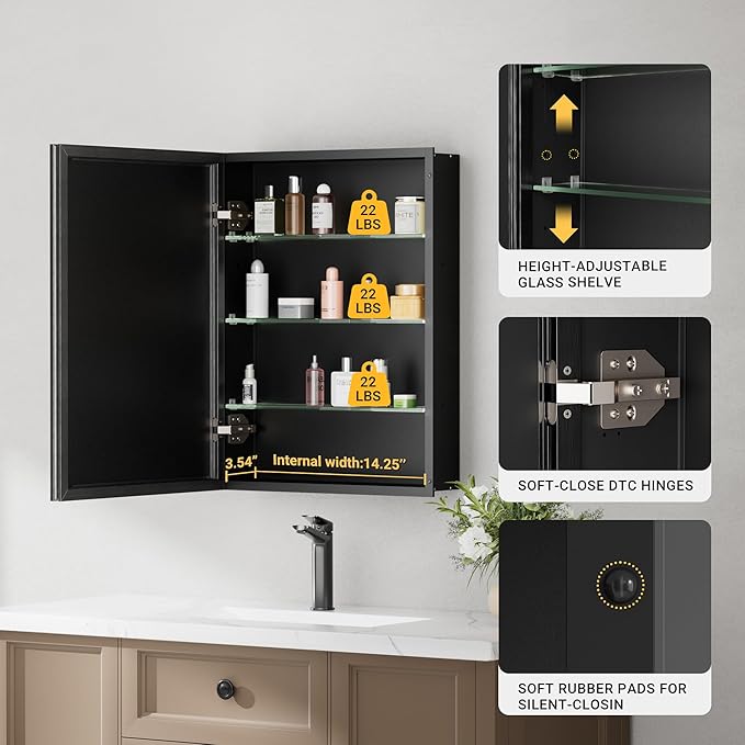 16x26 Pre-Assembled Black Medicine Cabinet with Mirror, Surface or Recessed Medicine Cabinet Mirror for Bathroom, Aluminum Beveled Frame Bathroom Vanity Mirror with Adjustable Shelves Storage
