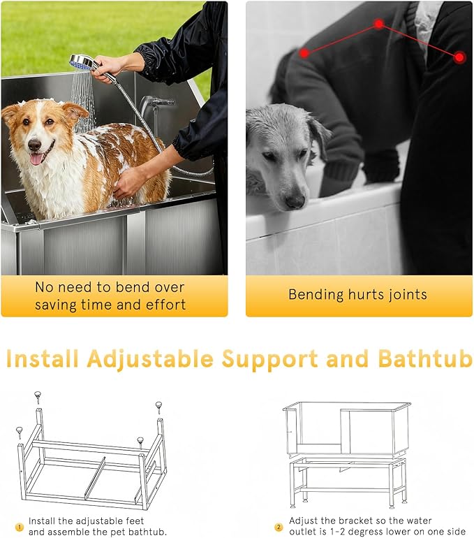 Redriver Stainless Steel Dog Washing Station, 38-Inch Dog Bathing Station Bath Tub, Pet Grooming Bath Tub with Left Ramp & Showerhead & Faucet & Soap Holder for Large Medium Pets (Up to 220LBS)
