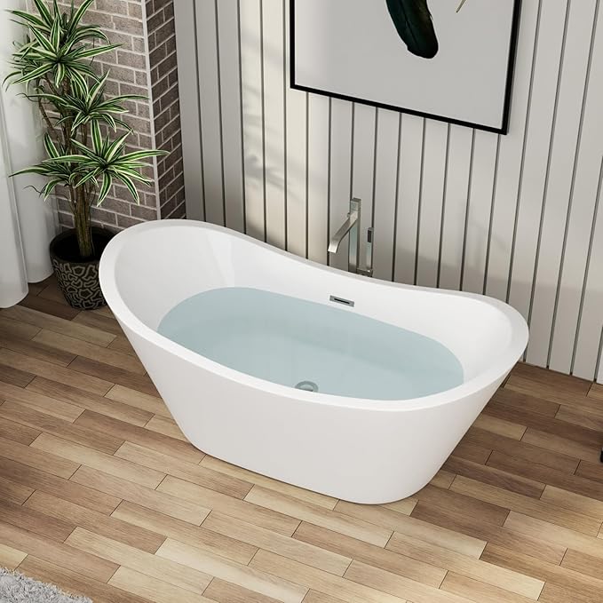 59 Inch Acrylic Freestanding Soaking Bathtub - Mocoloo Contemporary Soaking White Tub Stand Alone Bathtub with Overflow and Drain
