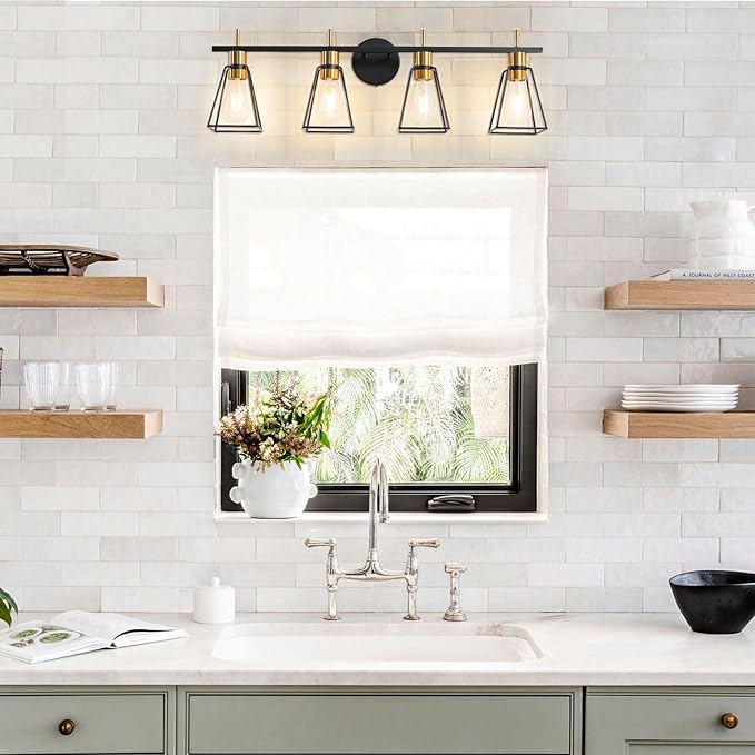 Industrial Bathroom Vanity Lights: 4 Light Black and Gold Vintage Metal Cage Wall Sconce - Rustic Farmhouse Wall Light Fixture Over Mirror Cabinet for Bedroom Living Room