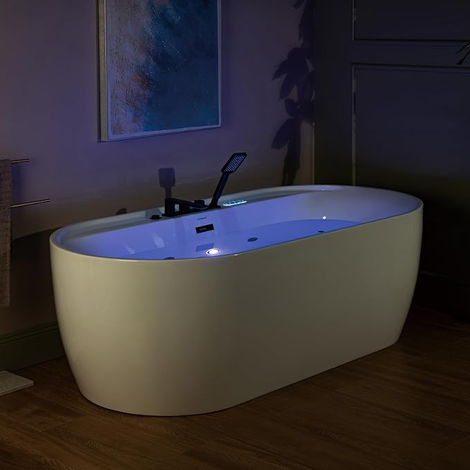 WOODBRIDGE 72" x 35-3/8" Whirlpool and Air Bath Heated Soaking Combination Tub with Adjustable Speed Air Blower, Tub Filler, and LED control panel, Matte Black Finish Trim and Drain Kit, BM500+F0051MB