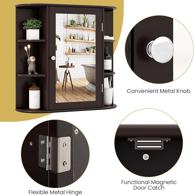 RELAX4LIFE Bathroom Wall Cabinet with Mirror - Medicine Cabinet w/Door, 6 Open Shelves & Adjustable Shelves, Over The Toilet Storage Cabinet Organizer, Mirrored Bathroom Cabinet Wall Mount (Brown)