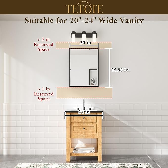 TETOTE Brushed Nickel Medicine Cabinet 20" x 26" Recessed or Surface Wall-Mounted Aluminum Alloy Framed Medicine Cabinet Stepless Adjustable Shelves