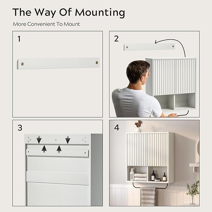 Bathroom Wall Cabinet, Fluted Wooden Medicine Cabinet Storage with 2 Doors, Adjustable Shelf and Towels Bar, Modern Wall Mount Large Floating Cabinet for Kitchen Laundry Room White