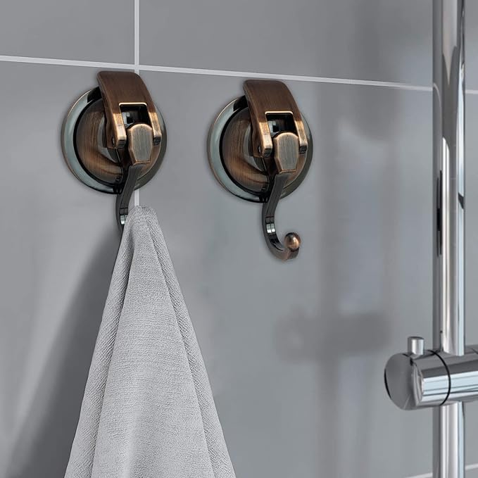 Heavy Duty Vacuum Suction Shower Hooks - Glass Suction Cup Hooks, Bathroom Robe Hooks - Reusable, No Hole Punched - Antique Brass, 4 Pack