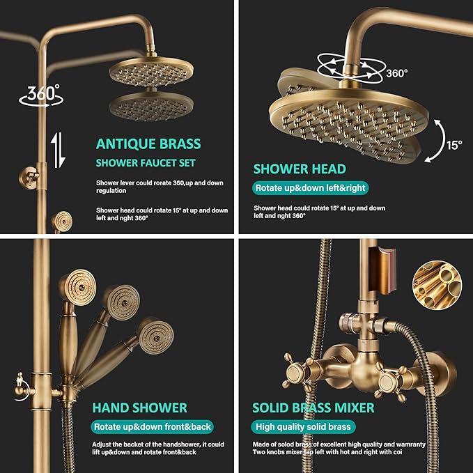 NeierThodore Antique Brass Bathroom Shower Faucet System Set 8 Inch Rainfall Shower Head Handheld Spray 2 Knobs Mixing