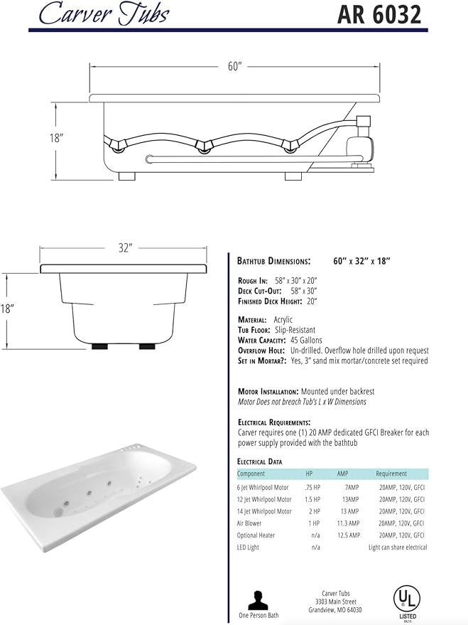 Carver Tubs - AR6032 - Modern Acrylic Fiberglass Whirlpool Tub Water Massage Bathtub, With Massagers - White Rectangle Acrylic Tub - Left Hand Motor - Deep Relaxing Soak - 60"L x 32"W x 18"H