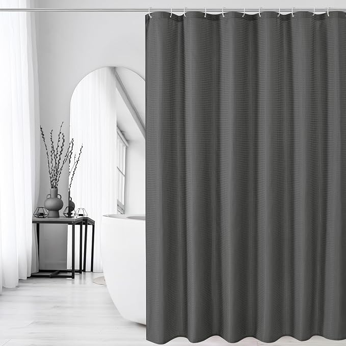 Gibelle Extra Long Shower Curtain 72 x 84, Tall Waffle Weave Textured Fabric Shower Curtain for Bathroom, Water Repellent, Machine Washable, Charcoal Grey