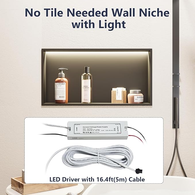 LED Shower Niche 24" x 12", Stainless Steel No Tile Needed Wall Niche with Light, Recessed Shower Shelf for Bathroom Storage Insert Installation (Matte Black)