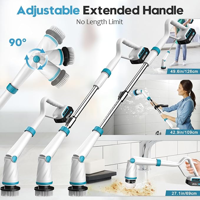 1500RPM Electric Spin Scrubber, 8 Brush Heads Electric Scrubber for Cleaning, Shower Scrubber with Long Handle and Two Battery, High Power Scrubber with Display for Bathroom/Tub/Floor