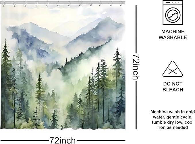 Coveted Goods Mountain Forest Shower Curtain 72” x 72”, Waterproof Polyester, Misty Pine Tree Landscape, Includes Grommets and Hooks, Machine Washable Nature-Inspired Bathroom Decor