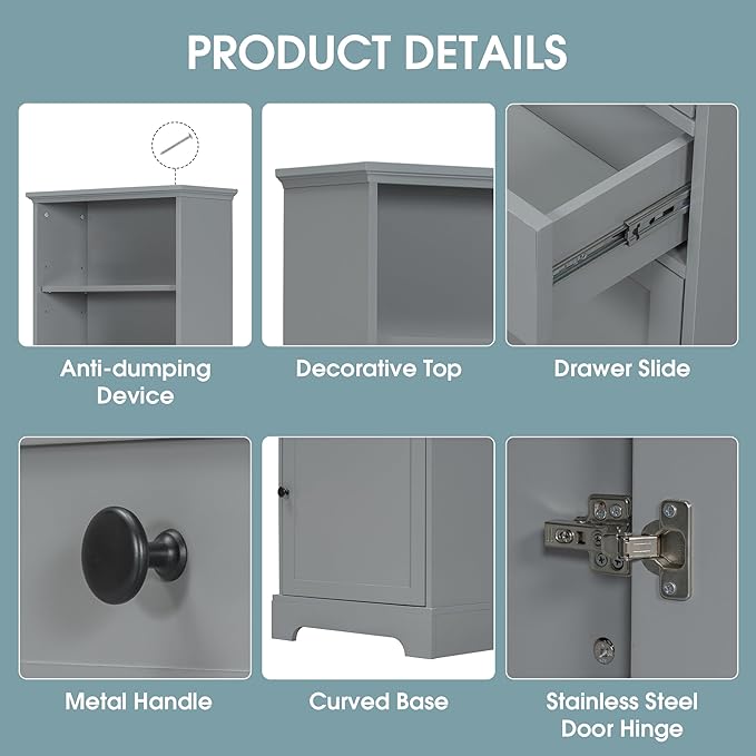 Favfurish 67" Tall Bathroom Storage Cabinet with Door and 3 Drawers,Modern Linen Cabinets w/Adjustable Shelf & 2-Tier Open Shelves,Freestanding Organizer for Bath Room,Study,Office,Grey