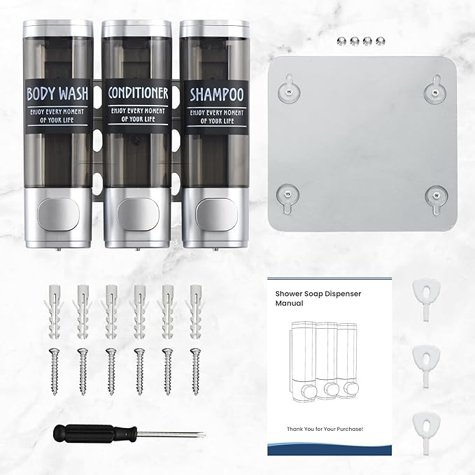 Shampoo and Conditioner Dispenser,GlintGath Shower Dispenser 3 Chamber No Drill Shampoo Dispenser for Shower Wall Mounted Shower Soap Dispenser for Bathroom Hotel,3 * 300ML,Silver