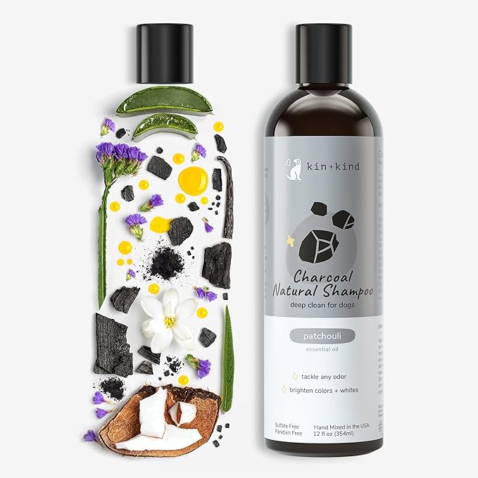 kin+kind Dog Shampoo with Activated Charcoal - Deep Clean Deodorizing Dog Shampoo for Dirt, Odor & Itch Relief - Gentle Grooming Pet Supplies with Aloe, Olive Oil & Coconut Oil - Patchouli 12 fl oz