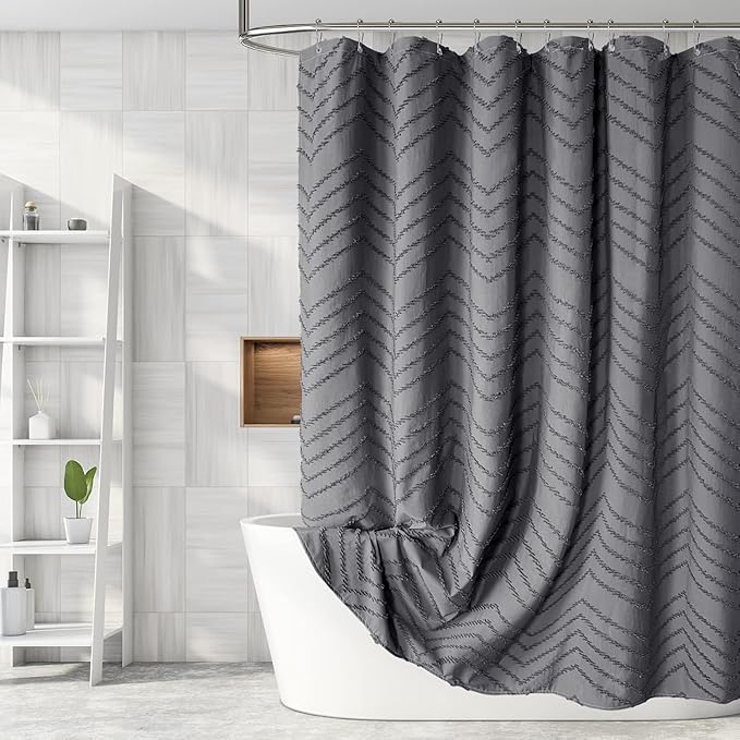 Extra Long Grey Boho Shower Curtain 84 Inch Grey Tufted Chevron Striped Fabric Shower Curtains for Bathroom Modern Shabby Chic Waterproof Cloth Shower Curtain Set with Hooks