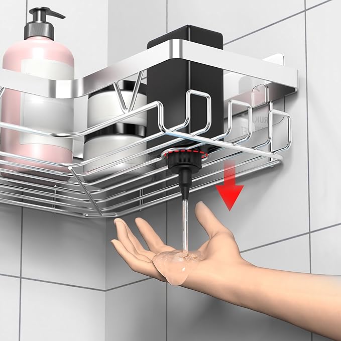 KEGII Corner Adhesive Shower Caddy, Rustproof Shower Shelf with Soap Holder & 14 Hooks, No Drilling Bathroom Rack Storage, Stainless Steel Organizer for Bathroom