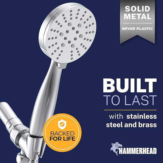 HammerHead Showers® Solid Metal 3-Spray Handheld Shower Head with Long Hose and Holder - CHROME - WIDE, MASSAGE, and MIST Sprays - 1.8 GPM Low Flow Handheld Showerhead - Water Saving Shower Head