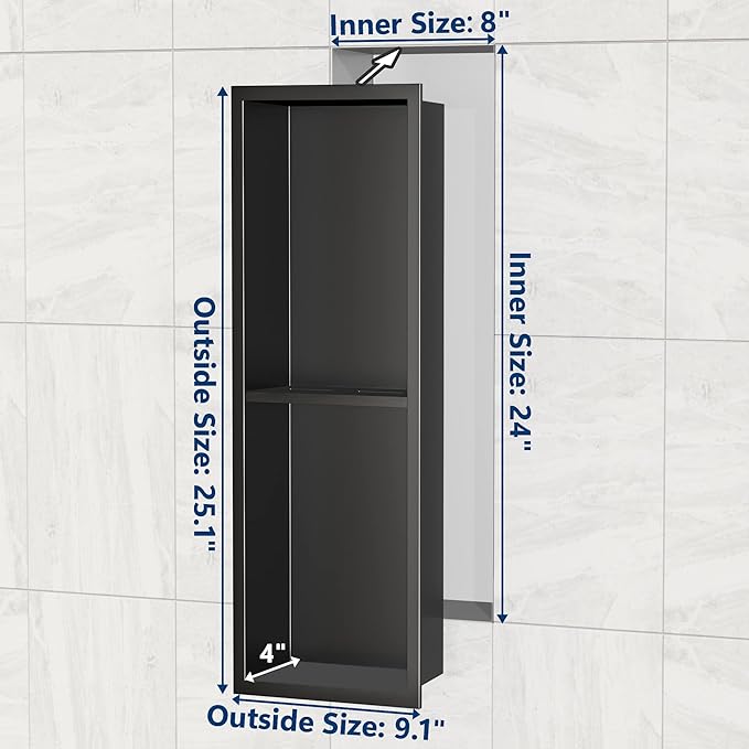 Stainless Steel Shower Niche 24" X 8", No-Tile Needed Wall Niche Double Shelves, Recessed Shower Storage, Matte Black