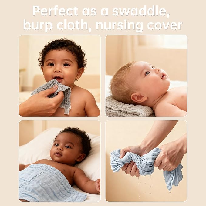 Organic Muslin Baby Washcloths 6 Pack Baby Bath Face Towel 12x12 Inch Extra Absorbent and Soft Burp Cloth and Wash Cloths for Newborn-Infants On Sensitive Skin (Blue Brown Grey)