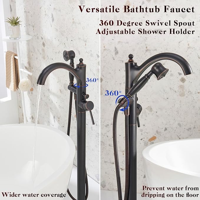 Freestanding Bathtub Faucet, Classic Free Standing Tub Faucet with Retro Handheld Sprayer High Flow Max 7.04GPM Floor Mounted Tub Fillers Swivel Spout Tub Faucets Oil Rubbed Bronze (WT-9002ORB)