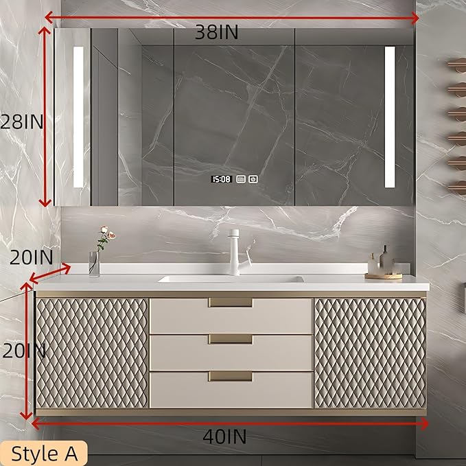 40IN Modern Bathroom Vanity - Wall-Mounted Bathroom Cabinet with LED Light | Intelligent Defogging Mirror Cabinet Includes Time Display Function, 2 Drawers & 2 Storage Cabinets (Style A)