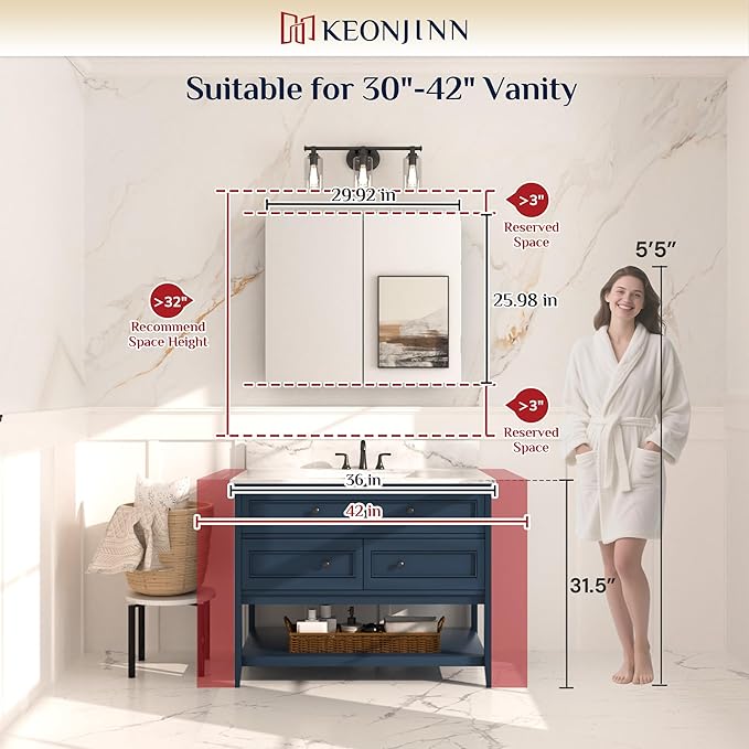 Keonjinn 30 x 26 Inch Black Medicine Cabinet, Bathroom Medicine Cabinet with Mirror, Lightweight Aluminum Structure, Assembly Required, in Wall or Wall Mount, Free Adjustable Shelves, Tempered Glass