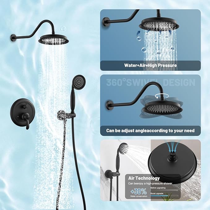 Antique Shower Head Faucet Set,Matte Black Vintage Wall Mount Shower Faucets Combo With Handheld Spray,Bathroom Rainfall Shower System Trim Kit With Brass Pressure Balance Valve & 9''Shower Head
