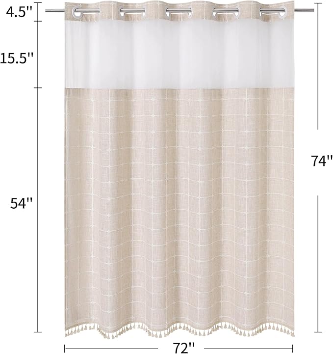 MitoVilla No Hooks Required Farmhouse Shower Curtain with Snap-in Liner - with Window & Magnets, Boho Cotton Linen Fabric Shower Curtains with Tassels for Rustic Bathroom Decor, Beige/Cream, 72 x 74