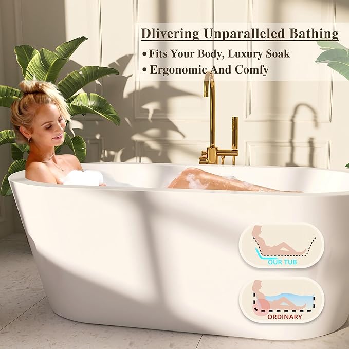 64" Acrylic Freestanding Bathtubs, Stand Alone Tub, Soaking Tubs for Bathroom, Integrated Overflow and Drain, cUPC Certified, Gloss White