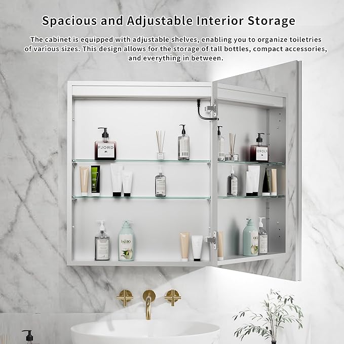 GroGro Lighted Medicine Cabinet with Mirror and Storage,24" W x 30" H LED Bathroom Medicine Cabinet with Mirror,Surface or Recessed Mounting,Defog,Dimming,3-Color Temperature,Right Opening Door