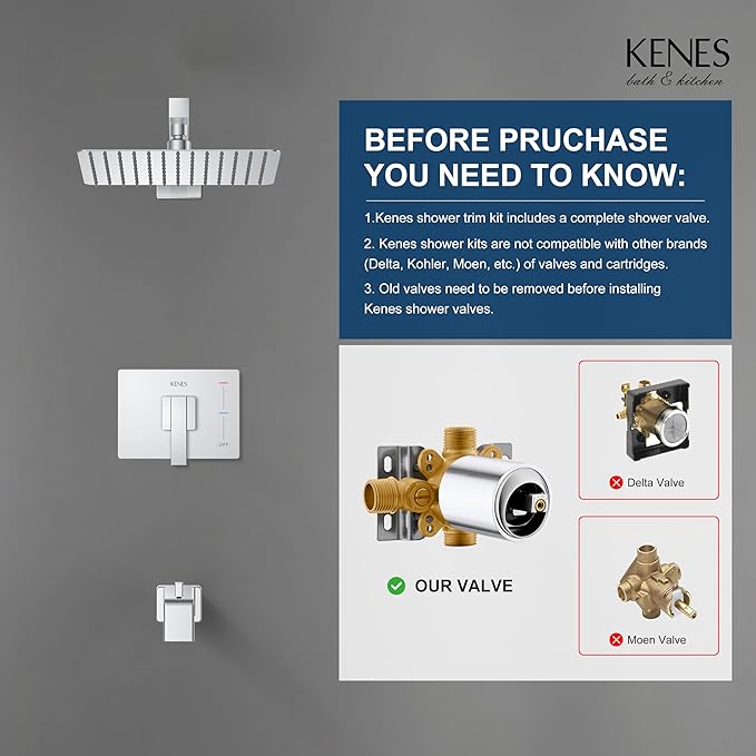 KENES Polished Chrome Tub and Shower Trim Kit, Tub Shower Faucet Set Complete with 10-Inch Rainfall Shower Head and Tub Spout, KE-6024A-5 (Shower Valve Included)