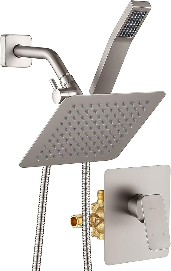 All Metal Shower Faucet Set, Dual Square Shower Head System with Handheld Wand, Diverter, Hose Complete Combo, Pressure Balance Rough-in Valve Included(Brushed Nickel)