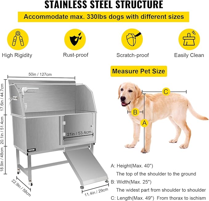 VEVOR Dog Grooming Tub, 50" Right Door Pet Wash Station, Professional Stainless Steel Tub Rated 330LBS Load Capacity, Non-Skid Dog Washing Station Comes with Ramp, Faucet, Sprayer and Drain Kit